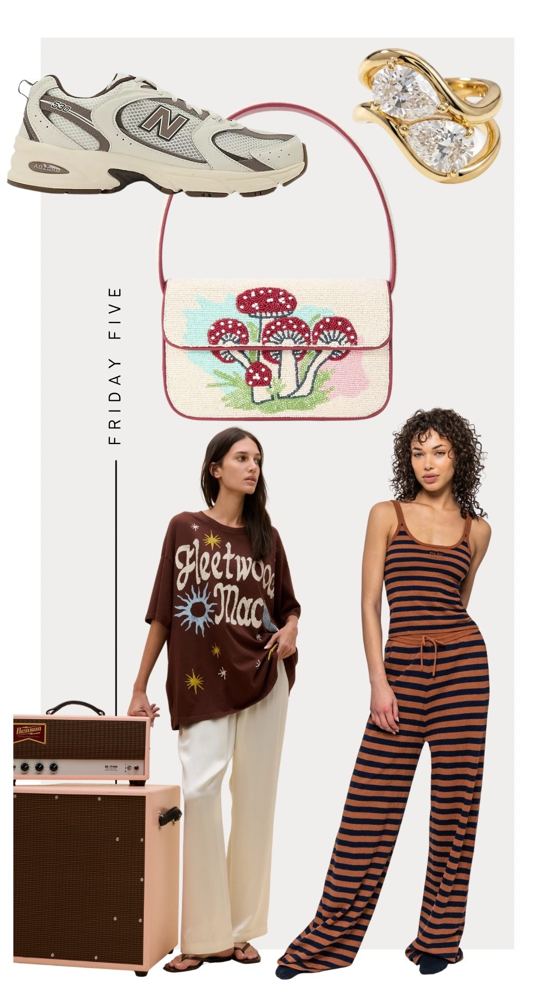 Friday Five: 2/27/26
-
Staud Mushroom Beaded Bag (linked on my ShopMy) 
Daydreamer Fleetwood Mac Tee 
The M Double Oval Ring (exact linked on my ShopMy - similar linked here)
The Bar striped Lounge set 
New Balance 530 sneakers 


#LTKootd