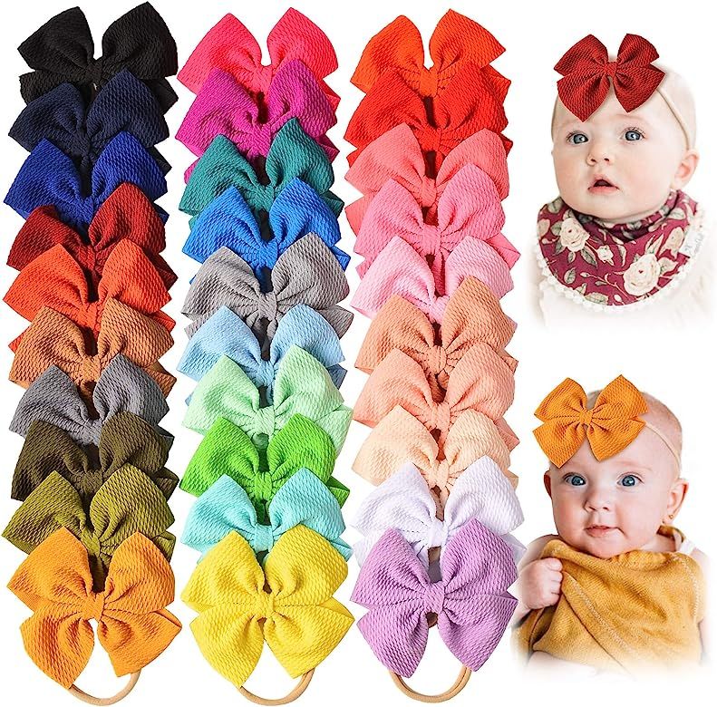 Amazon.com: 30 PCS Big Bows Baby Nylon Headbands Hairbands Hair Bows Elastics for Baby Girls Newb... | Amazon (US)
