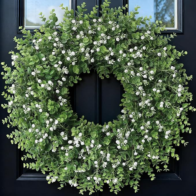 26" Artificial Eucalyptus Wreath with Baby's Breath for Front Door - Faux Eucalyptus Leaves, Fake... | Amazon (US)