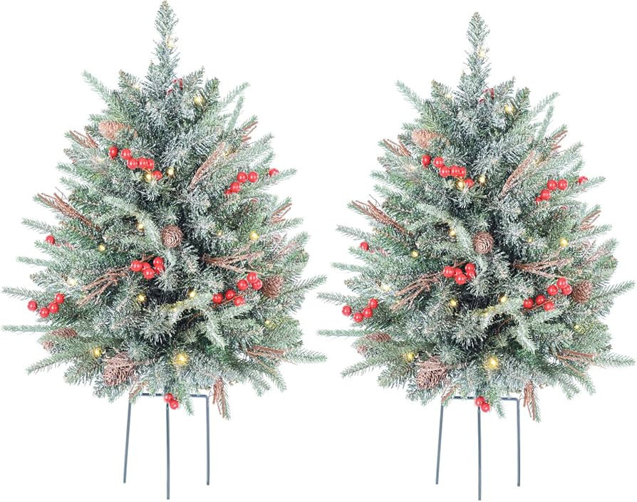 30 Inch Outdoor Prelit Christmas Tree 2 Pack, Battery Operated Flocked Snow Xmas Tree 100 LED Lig... | Amazon (US)