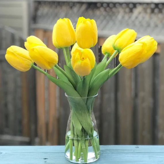 Yellow Tulips Faux Floral Arrangement in Glass Vase Faux Tulip Arrangement Centrepiece Home Decor Ar | Etsy (US)