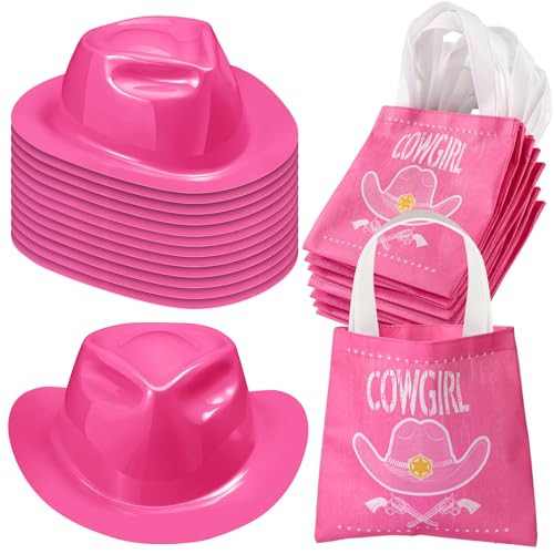 SATINIOR 24 Pcs Cowboy Hat and Bags Set Include Plastic Cowboy Hat and Fabrics Bags for Toddler Adult Western Party Supplies(Pink) | Amazon (US)