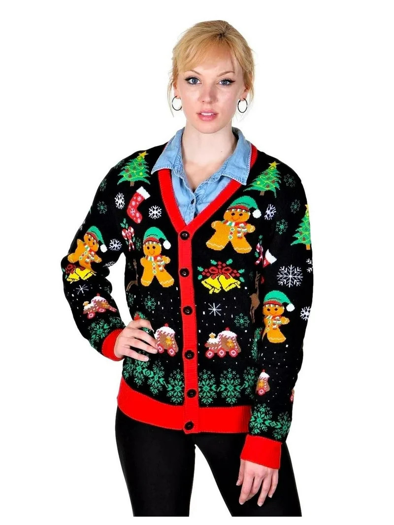 Socal Look Women's Ugly Christmas Sweater, Long Sleeve V-Neck Acrylic Holiday Cardigan, S | Walmart (US)