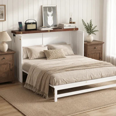 Murphy Bed Cabinet Queen with Storage Drawer and Charging Station, USB Port, Solid Pine Murphy Bedframe for Home Office, Studio or Guest Room,White-wa | Wayfair North America