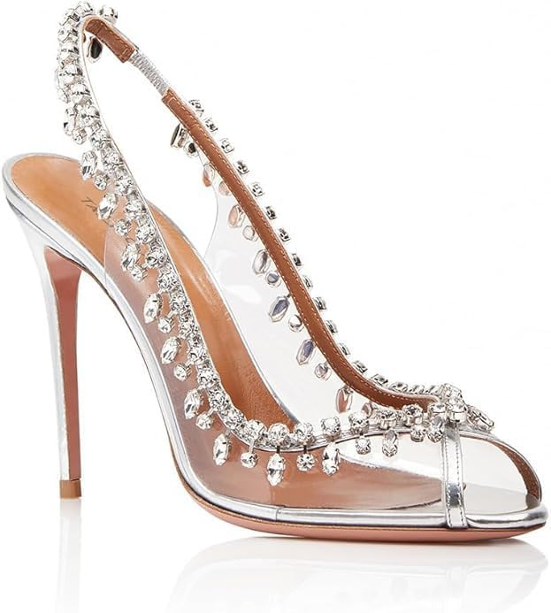 Women's Sparkly Rhinestone Clear Heels Fish Mouth Slingback Gorgeous Chain Backless Peep Toe Heel... | Amazon (US)