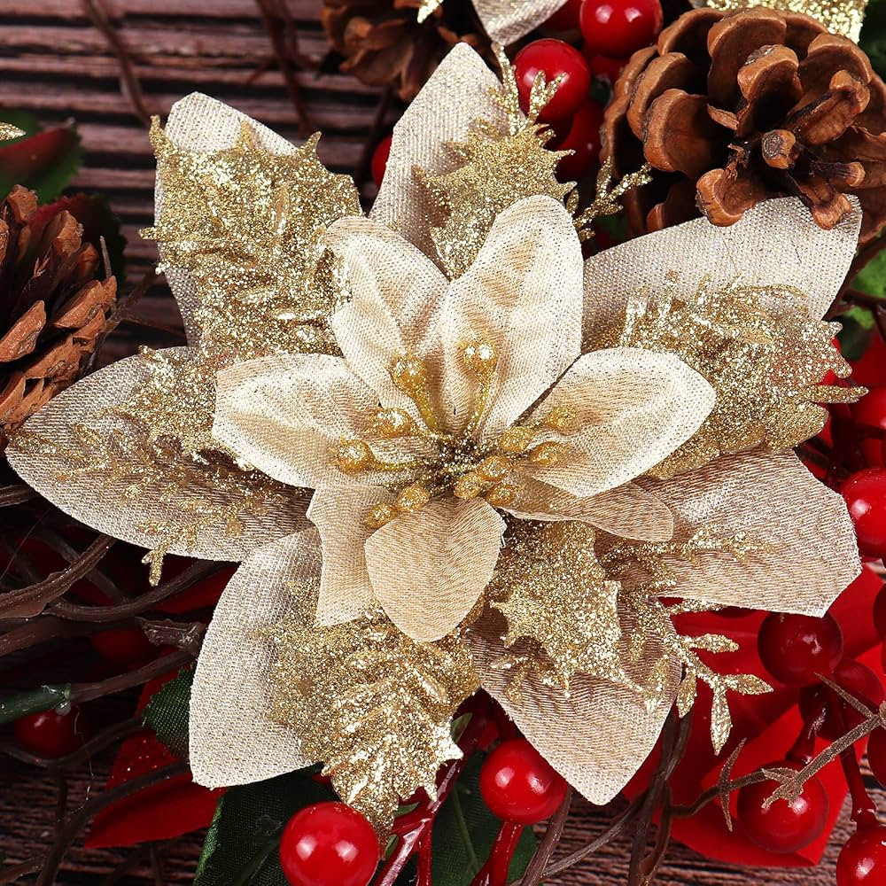 RECUTMS 10 Pcs Christmas Glitter Artificial Poinsettia Flowers 6inch Christmas Wreath Christmas T... | Amazon (US)