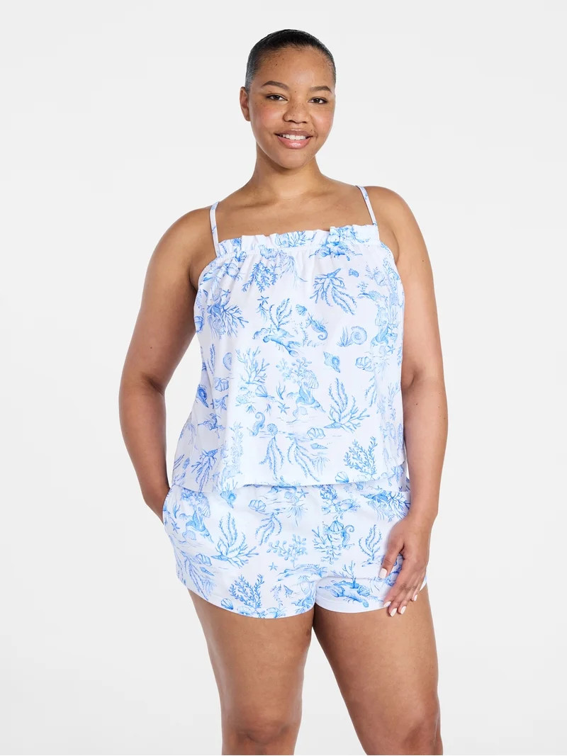 Joyspun Women's Cotton Ruffled Tank Top and Shorts Pajama Set, 2-Piece, Sizes XS-3X | Walmart (US)