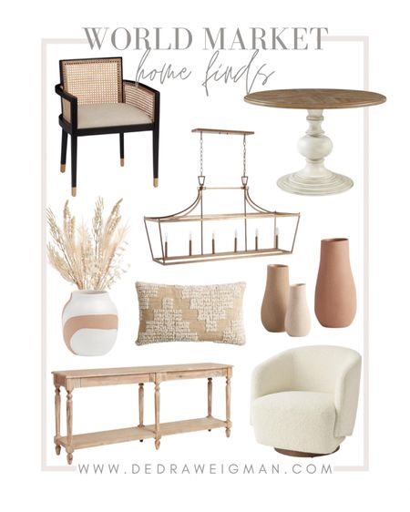 World market home decor and home furniture finds. Rattan accent chair. Farmhouse dining table. Barrel chair. Wood console table. Gold chandelier. Vases. 

#homedecor #livingroomFurniture #diningroomfurniture #coffeetabledecor

#LTKhome #LTKstyletip #LTKunder100