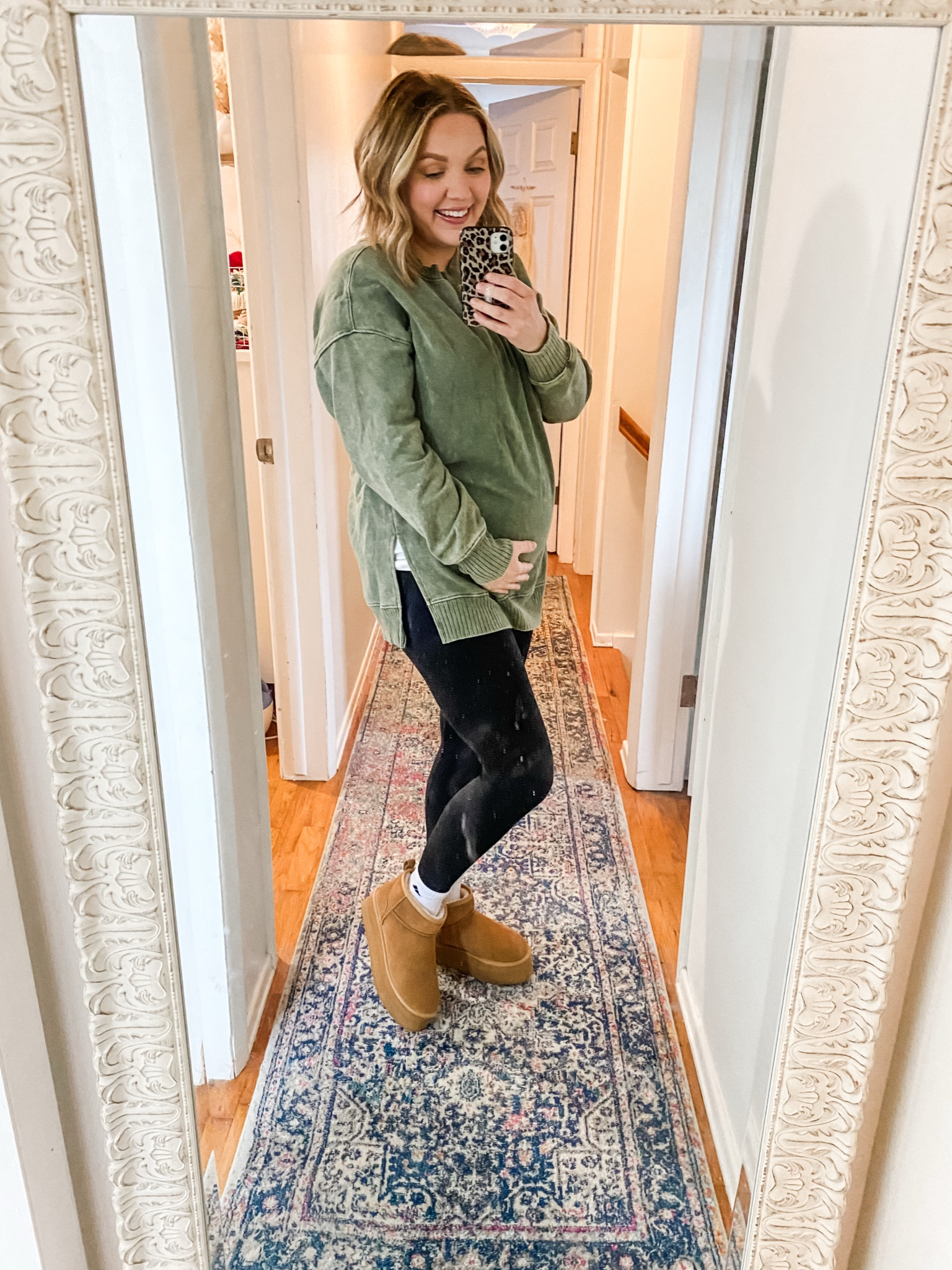 ….. this was from last week, and the over sized, tunic crew neck is from last year. Buuuuuttt the good news is you can get it this year! It comes in a variety of colors and runs pretty TTS. I’m wearing a large here. I love the slits in the side for postpartum nursing. It makes things easy to get to, if you know what I mean 😉..

✨ Little 🤰🏼update. Im honestly so shocked that I’ve had pretty much zero cravings this pregnancy. With Ellison, you couldn’t keep me away from sour patch kids. I was eating them until my mouth was so friggen raw. But, the heartburn is back in full swing! Lucky me 🙃 So I’m eating tums like it’s my job. 

✨I’m feeling really good. I’ve bee trying to stay super active. Making sure Im intentionally moving my body at least three times a week. Even if it’s just a nice little stretch session. 

✨ I’ve been feeling the baby move ALOT more, which is one of my favorite parts of pregnancy. So that’s been super exciting. I can’t wait for her sisters to her to feel her wiggle around



#LTKSeasonal #LTKBump #LTKFindsUnder50