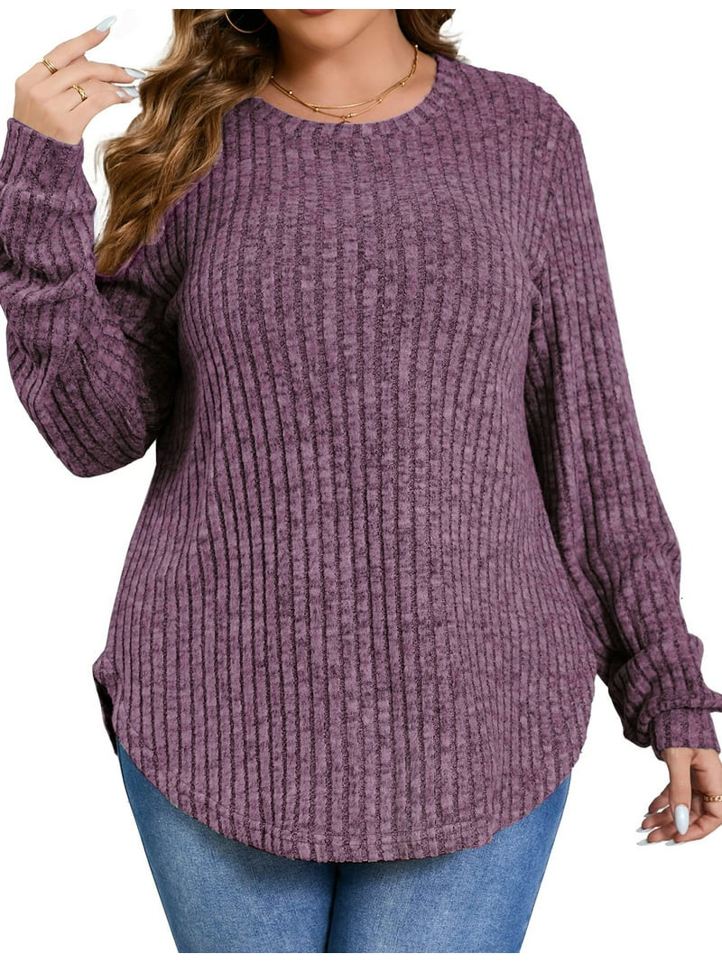 Fantaslook Womens Plus Size Tops Crewneck Long Sleeve Shirts Loose Tunic Tops Curved Hem Fall Pul... | Walmart (US)