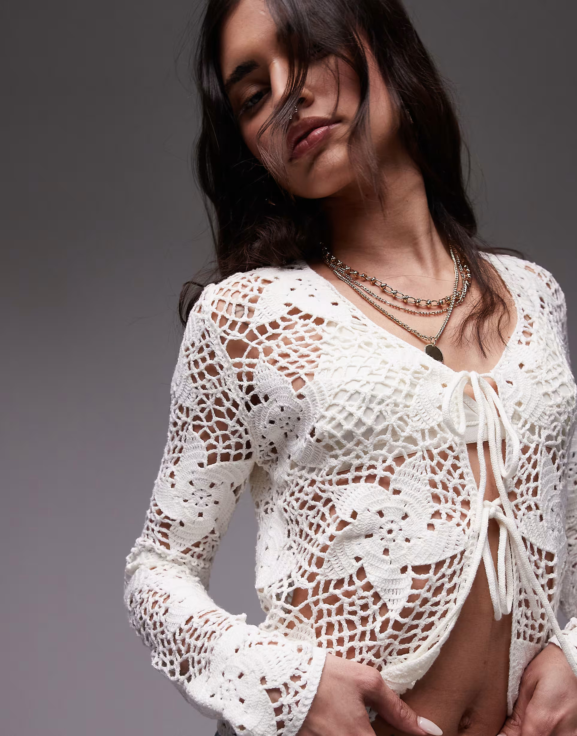 Topshop knitted crochet flower tie cardigan in ivory | ASOS | ASOS (Global)