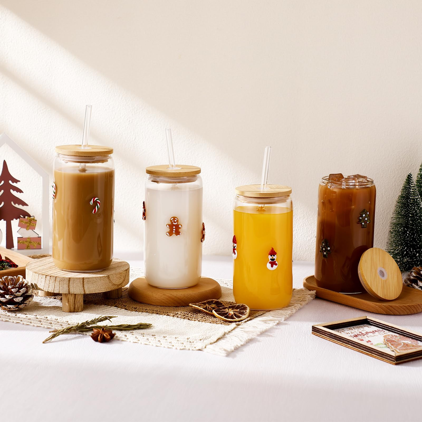 Meanplan 4 Pcs Icon Juice Glass Tumblers - 17 oz Christmas Icon Glass Cups with Lid, Straw and Cleaning Brush, Tea Beer Coffee Soda Glassware for Halloween Thanksgiving Christmas Party Gifts | Amazon (US)