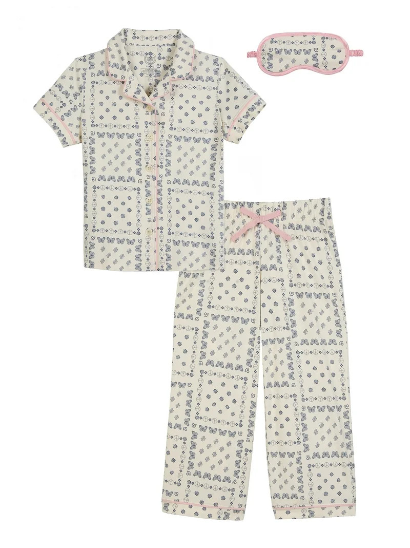 Wonder Nation Girls Button Front Short Sleeve Top & Pant Pajama Set with an Eyemask, 3-Piece, Siz... | Walmart (US)