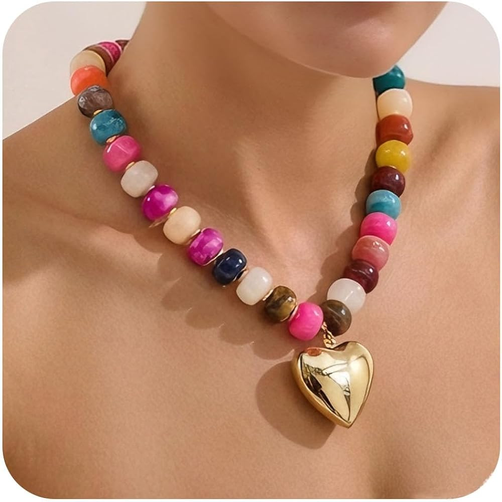 Chunky Beads Necklace for Women Trendy Gold Puffy Heart Choker Necklace Colorful Resin Beaded Hea... | Amazon (US)