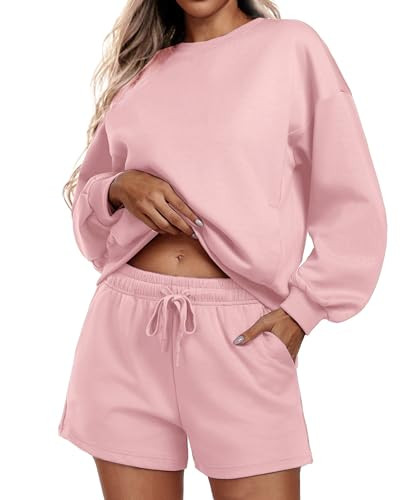 PINSPARK 2 Piece Outfits for Women 2024 Fall Sweatsuit Comfortable Sweat Short Sets Casual Athleisure Matching Sets, Pink X-Small | Amazon (US)