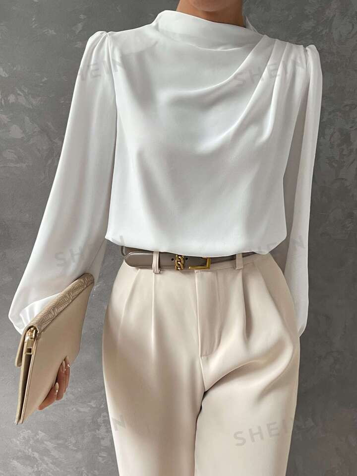 SHEIN BIZwear Bishop Sleeve Draped Front Blouse Workwear | SHEIN