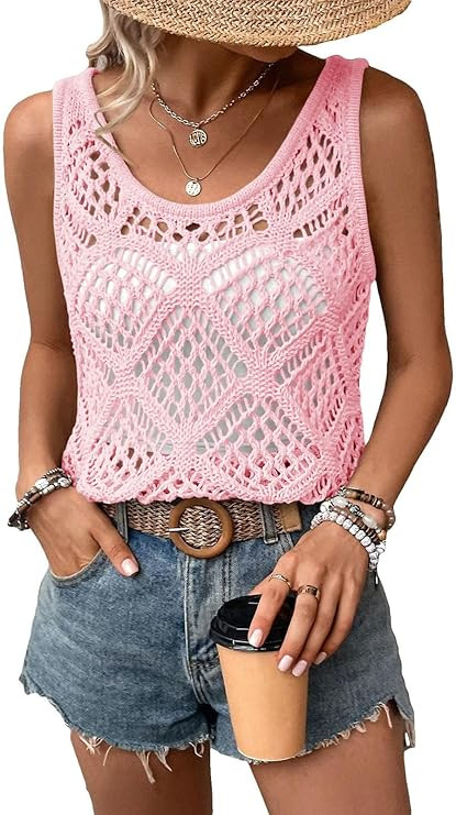 Imily Bela Womens Summer Crochet Tank Tops Knit Sleeveless Scoop Neck Sweater Vest Boho Hollow Ou... | Amazon (US)