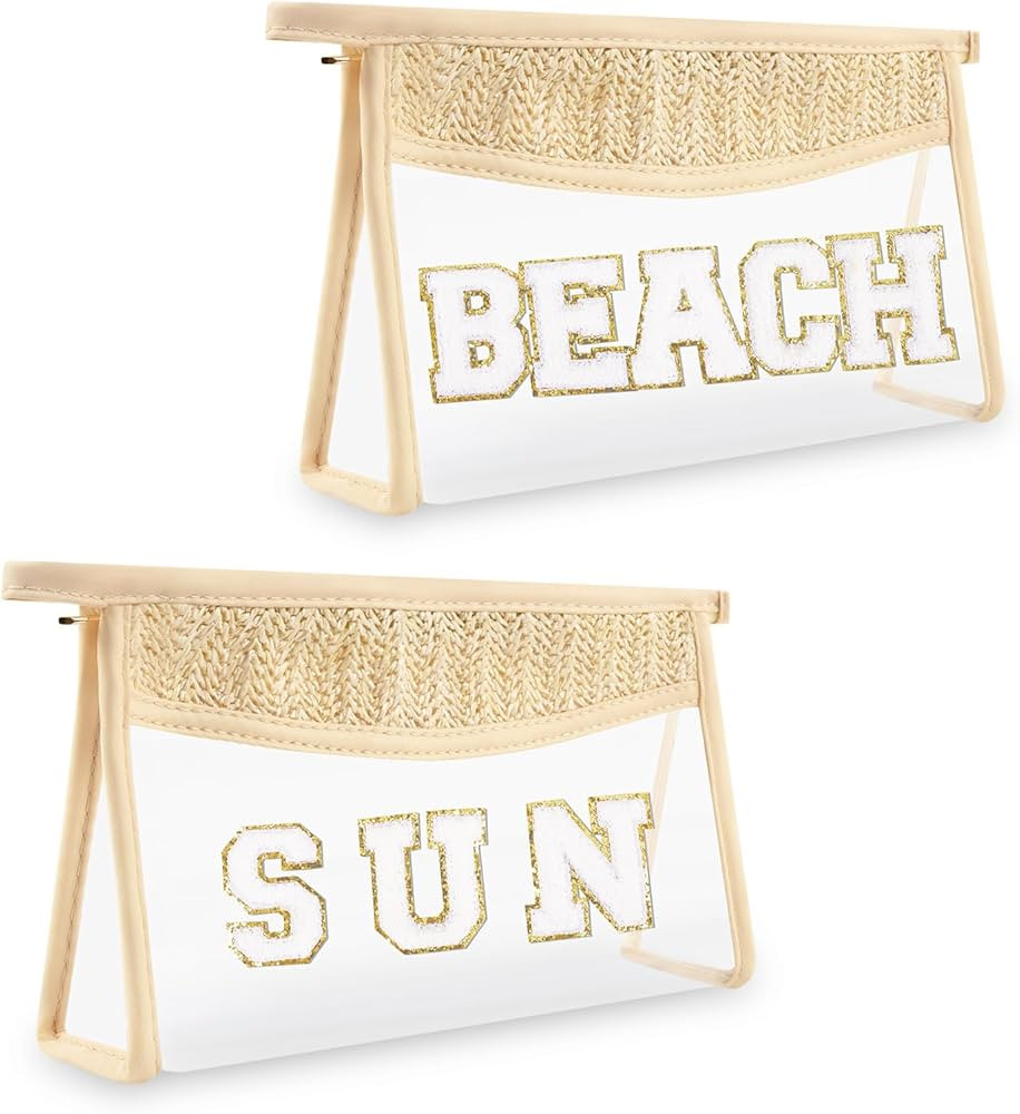 2 PCS Small Boho Straw Clear Beach Makeup Bags for Women, Zipper Cosmetic Bag Chenille Varsity Le... | Amazon (US)