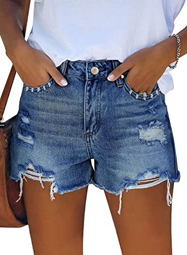 onlypuff Navy Blue Jean Shorts for Women Cut Off Denim Shorts High Waisted Distressed Jean Short XL | Amazon (US)