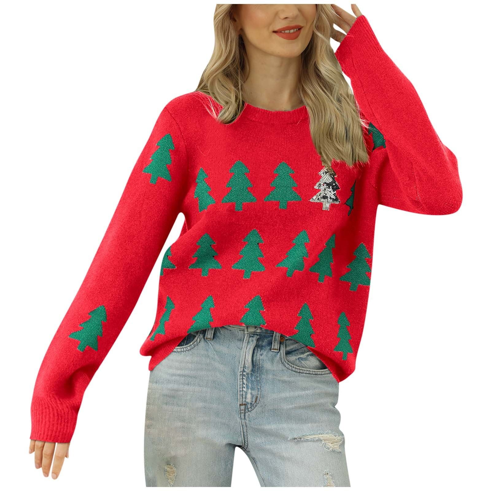 Christmas Sweater for Women Christmas Tree Graphic Long Sleeve Crewneck Knitted Tops Pullover Swe... | Walmart (US)