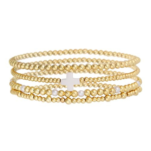 Mikovivi 4pcs Gold Bead Stack Bracelets Set for Women, Non-Tarnish Gold Beaded Elastic Cross Pearl Bracelets Stackable Hand Chain Trendy Jewelry Gifts | Amazon (US)