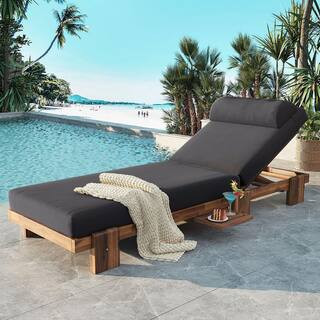Acacia Wood Outdoor Lounge Chair with Dark Gray Cushions, Adjustable Recliner with Headrest and Retractable Side Tray | The Home Depot