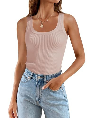 ZESICA Women's Sleeveless Tank Tops Summer Scoop Neck Ribbed Knit Slim Fitted Casual Basic Tee Shirts,Dustypink,X-Large | Amazon (US)