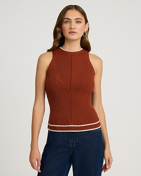 Tipped Fitted Ribbed High Neck Sweater Tank | Express
