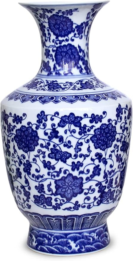 Dahlia Blue and White Vase, Handmade Chinese Porcelain Flower Vase, Lotus Motif, Chinese Bottle S... | Amazon (US)