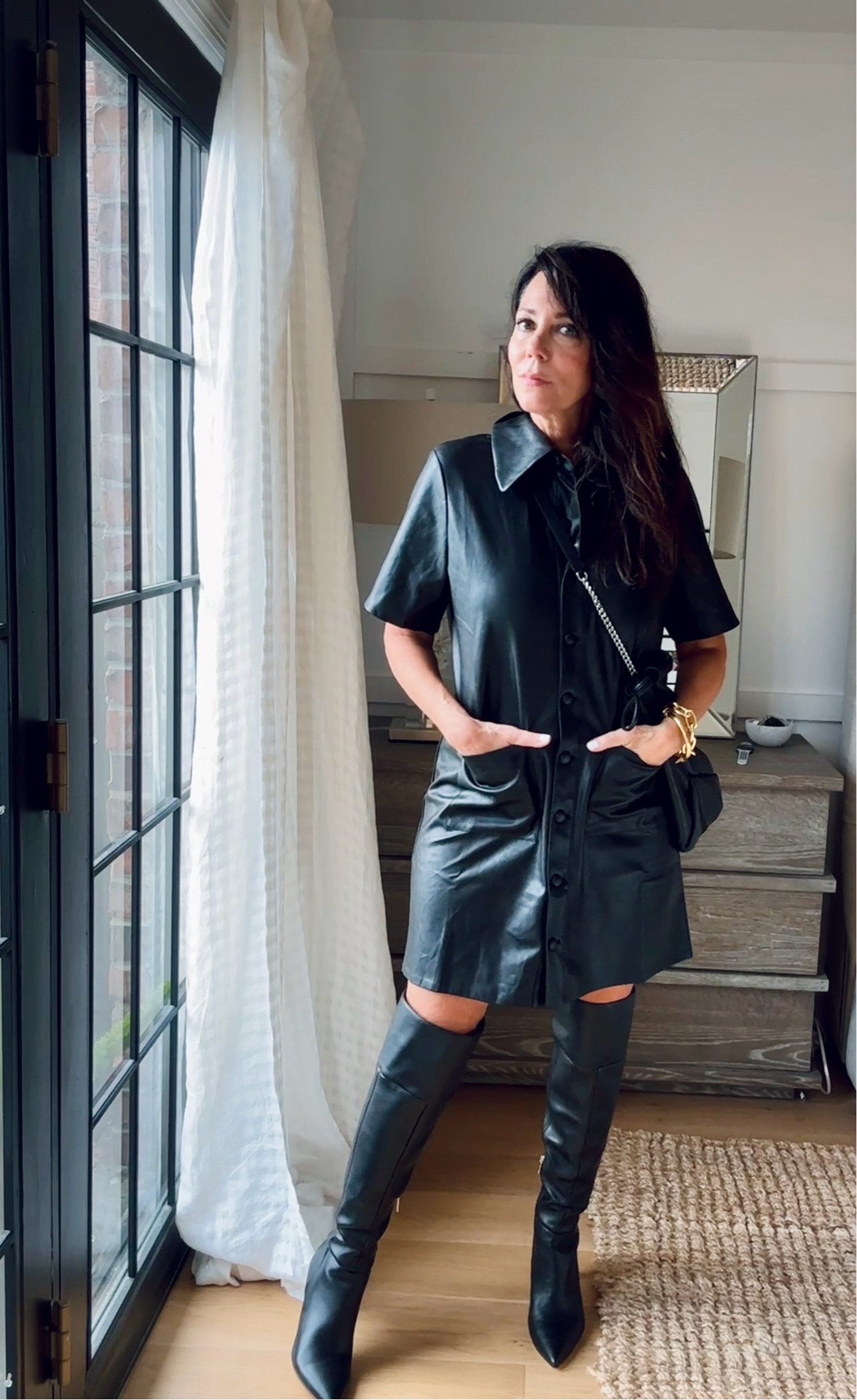 This vegan leather dress is adorable!! Priced right under $170, wearing size medium.  I’m just shy of 5’5 and it’s short but definitely not too short! Boots are over 1/2 off! Now $99.90 - I highly recommend the suede version!! 

Wear to work 
Petite girls 
Chic outfit 
Cute Dresses with sleeves 


#LTKFindsUnder100 #LTKWorkwear #LTKSaleAlert