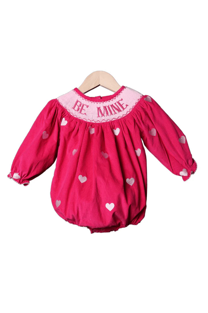 Smocked Be Mine Hot Pink Corduroy Embroidered Heart Bubble | The Smocked Flamingo