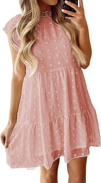 BLENCOT Women Casual Short Sleeve Summer Tunic Dress V Neck Bubbles Loose Flowy Swing Shift Dress | Amazon (US)