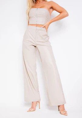 Marla Cream PU Straight Leg Trouser | Missy Empire (UK)