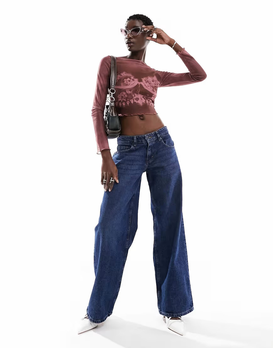 Motel extra wide low rise jeans in mid blue used wash | ASOS (Global)