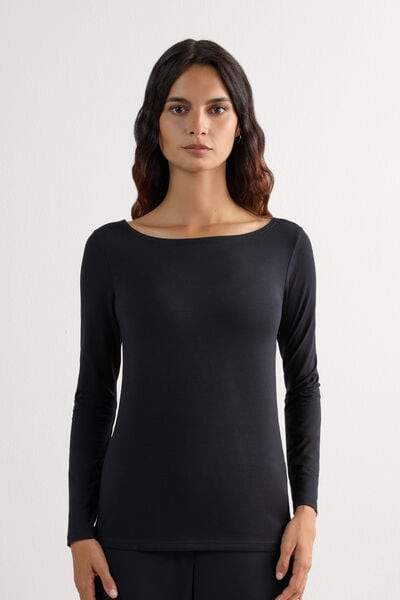 Intimissimi Long Sleeve Bateau Neck Top in Micromodal Woman Black Size L | Intimissimi (US)