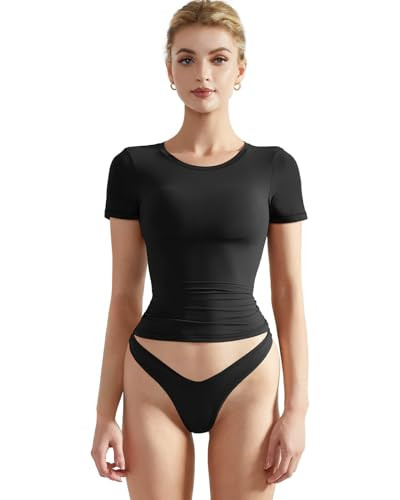 SUUKSESS Women Double Lined Fitted Basic Tee Shirts Crew Neck Short Sleeve Y2K Going Out Crop Tops (Jet Black, XL) | Amazon (US)