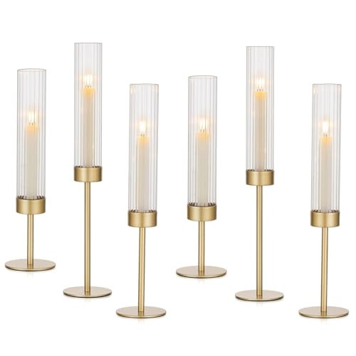 Hewory Gold Hurricane Candle Holders: Brass Candlestick Holders Set of 6 Tall Taper Candle Holders for Candlesticks Candle Sticks Holder Decor for Table Centerpiece Wedding Party Christmas Decorations | Amazon (US)