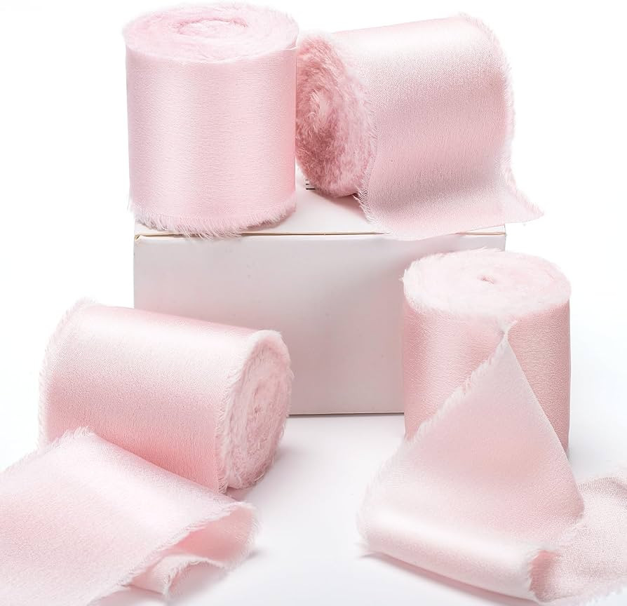 4 Rolls Pink Ribbon 1.5" x 20 Yard Chiffon Ribbon Handmade Frayed Light Pink Silk Satin Ribbons f... | Amazon (US)