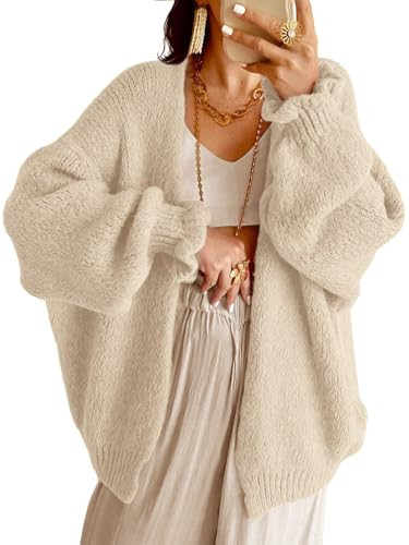 Saodimallsu Womens Oversized Open Front Cardigan Fall Ruffle Lantern Long Sleeve Chunky Knit Loose Sweater Coats Light Khaki | Amazon (US)
