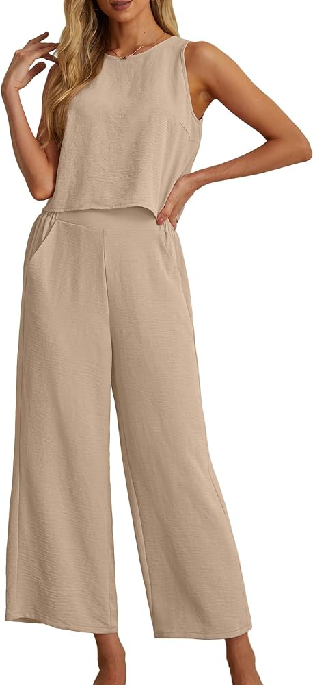 IWOLLENCE Women's Summer 2 Piece Outfits Set Round neck Sleeveless Tank Crop Top Wide Leg pants S... | Amazon (US)