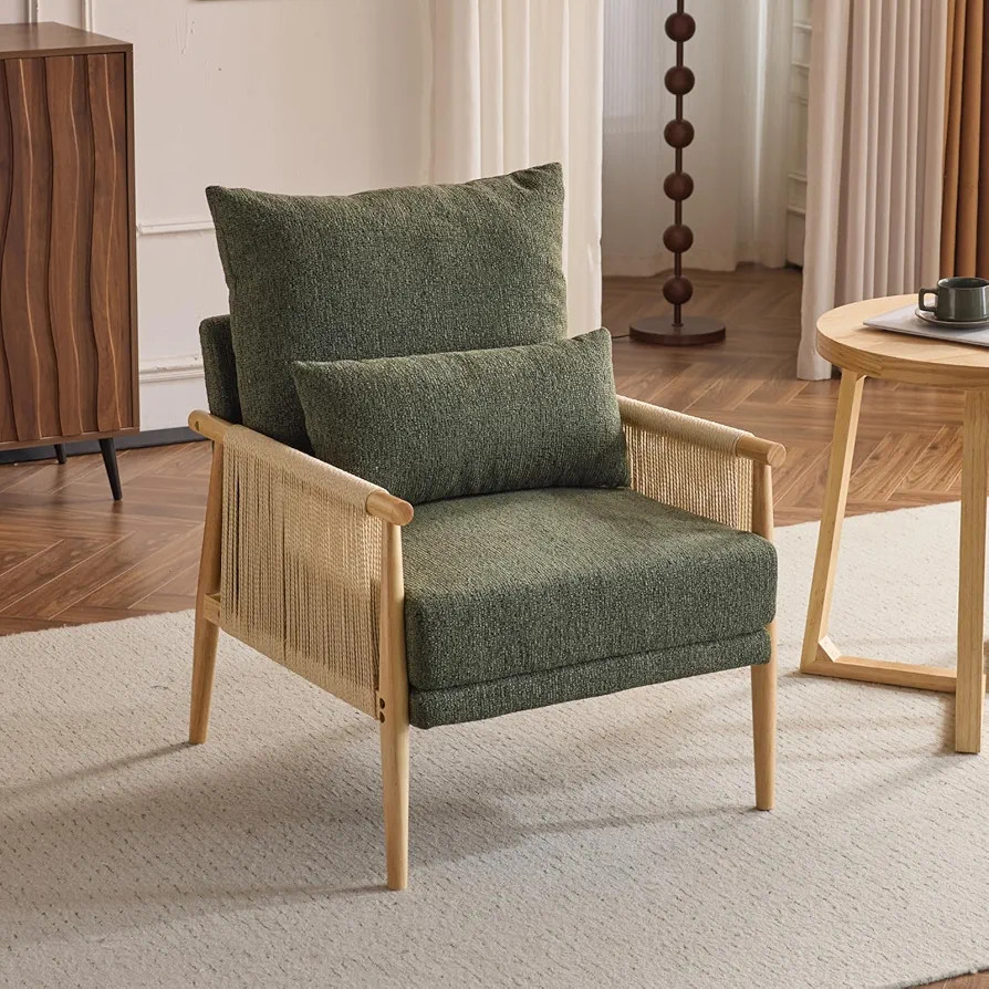 Karl home Cozy Chenille Accent Chair with Lumbar Pillow & Rattan Arms Modern Lounge Chair for Liv... | Amazon (US)