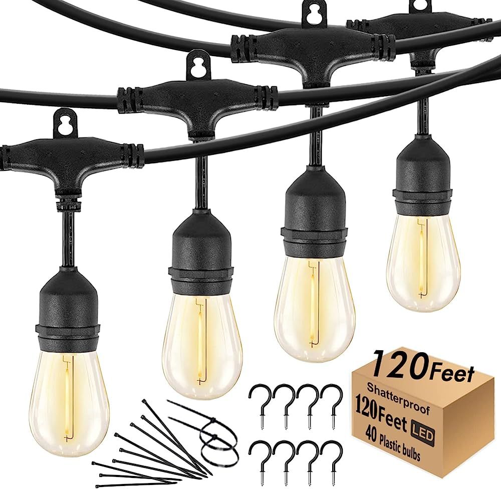 120 FT Outdoor String Lights LED Waterproof Patio Lights with 40 Shatterproof Plastic Warm Edison... | Amazon (US)