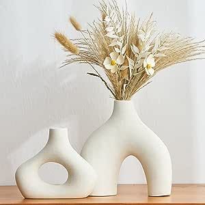 White Ceramic Vase Set of 2 for Modern Home Decor, Minimalist Round Donut Flowers Vase for Center... | Amazon (US)