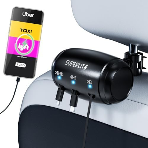 Superlit 3-in-1 Retractable Backseat Car Charger – Headrest Mount Charging Station for Uber, Ly... | Amazon (US)