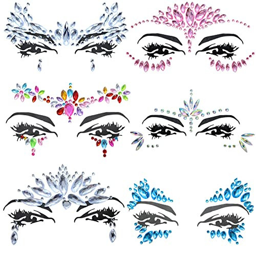 6 Sheets Face Jewels Face Gems Stick On, Self Adhesive Rhinestones for Makeup Rave Accessories for Festival Holiday Costumes | Amazon (US)