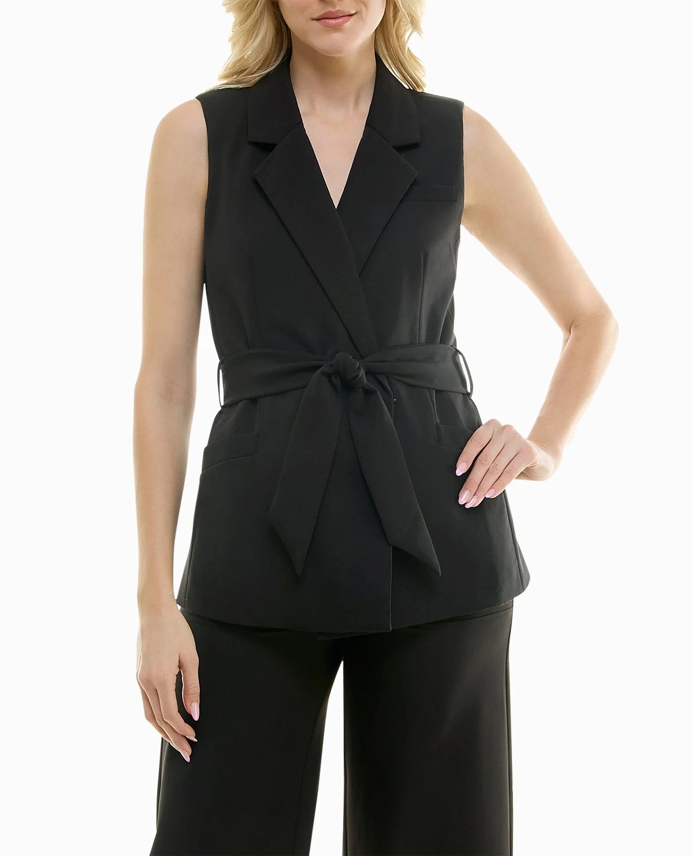 MERCER STRETCH SLEEVELESS TIE BELT BLAZER | Nicole Miller