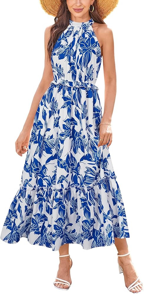 Newshows Womens 2025 Summer Vacation Outfits Halter Neck Floral Tiered Ruffled Flowy Casual Beach... | Amazon (US)