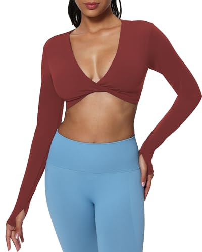 Aoxjox Long Sleeve Deep V Crop Tops for Women Sienna Open Back Thumb Hole Workout Cropped T Shirt Top (Burgundy, X-Large) | Amazon (US)