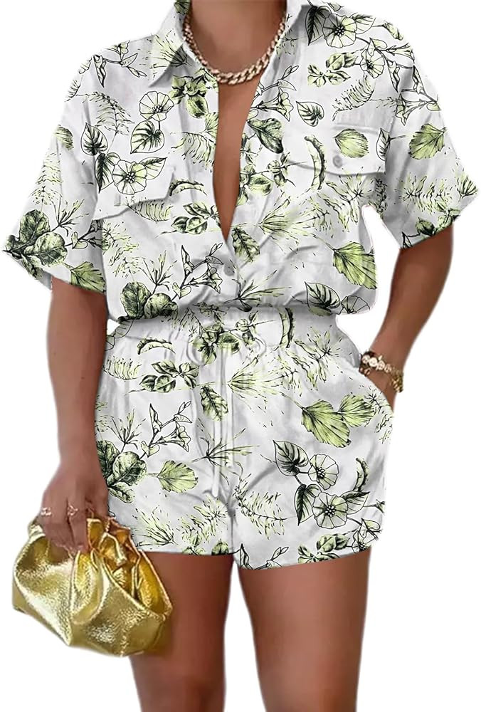2 Piece Outfits for Women Button Down Lightweight Short Sleeve Shirts Loungewear Summer Shorts Se... | Amazon (US)