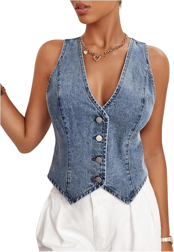 MakeMeChic Women's Denim Vest Tops Y2K Button Down V Neck Asymmetrical Crop Jean Vest Jackets | Amazon (US)